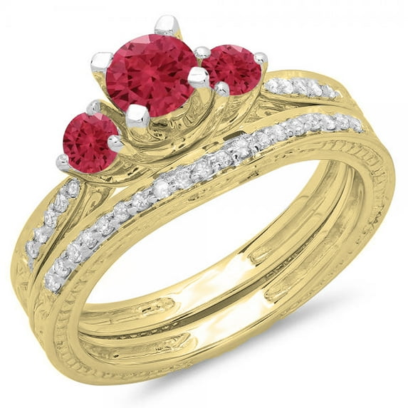 Dazzlingrock Collection 14K Round Ruby & Yhite Diamond Vintage 3 Stone Bridal Engagement Ring Set, Yellow Gold, Size 8.5