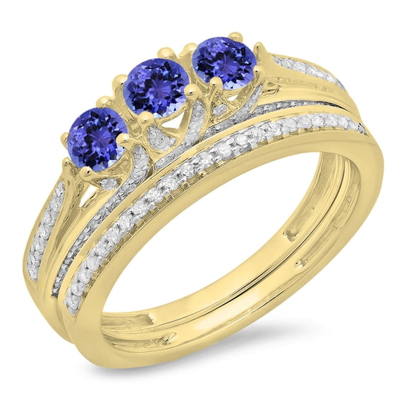 Dazzlingrock Collection 14K Round Tanzanite & White Diamond Ladies Bridal 3 Stone Engagement Ring Set, Yellow Gold, Size 4.5