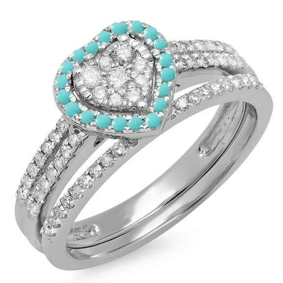 Dazzlingrock Collection 14K Round Turquoise & White Diamond Ladies Heart Shaped Engagement Ring Set, White Gold, Size 7