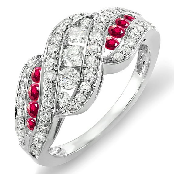 Dazzlingrock Collection 14K Round White Diamond And Ruby Ladies Cocktail Right Hand Ring, White Gold, Size 5