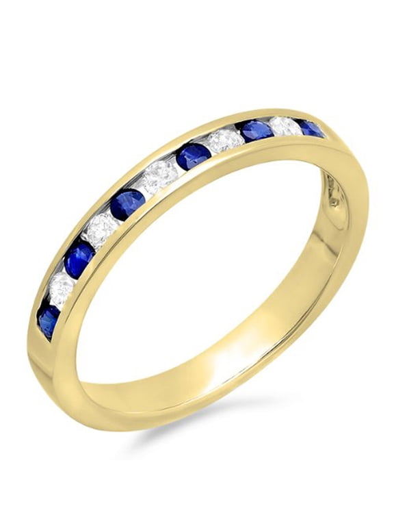 Collection 14K Round White Diamond & Blue Sapphire Ladies Anniversary Wedding Stackable Band, Rose Gold, Size 6.5