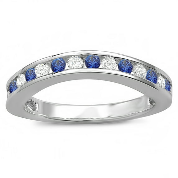 Dazzlingrock Collection 14K Round White Diamond & Blue Sapphire Ladies Curved Guard Matching Wedding Band, White Gold, Size 6