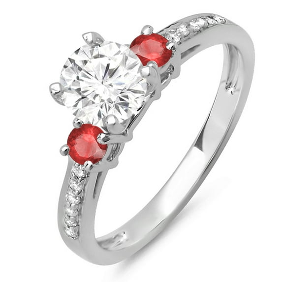 Dazzlingrock Collection 14K Round White Diamond & Ruby Ladies Bridal 3 Stone Engagement Ring, White Gold, Size 4.5