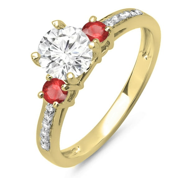 Dazzlingrock Collection 14K Round White Diamond & Ruby Ladies Bridal 3 Stone Engagement Ring, Yellow Gold, Size 10