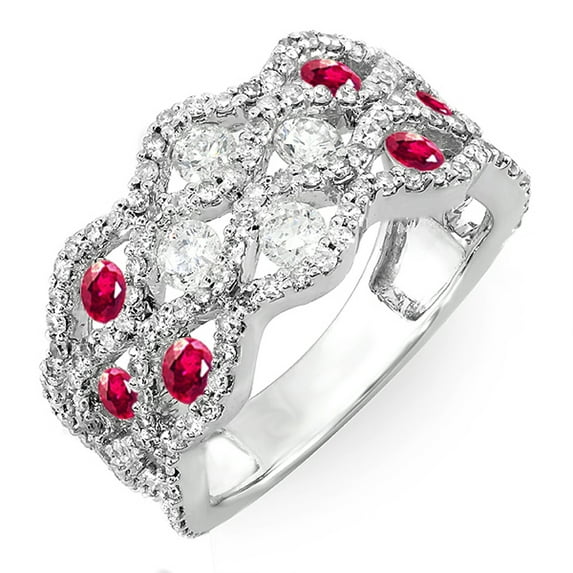 Dazzlingrock Collection 14K Round White Diamond & Ruby Ladies Cocktail Right Hand Ring, White Gold, Size 7.5