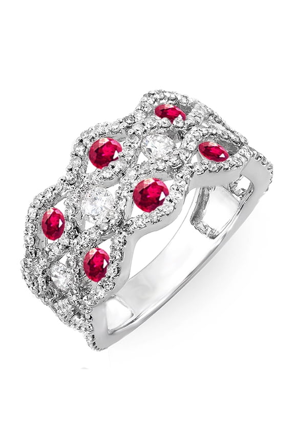 Collection 14K Round White Diamond & Ruby Ladies Cocktail Right Hand Ring, White Gold, Size 7