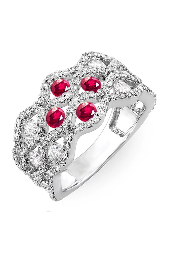 Collection 14K Round White Diamond & Ruby Ladies Cocktail Right Hand Ring, White Gold, Size 9
