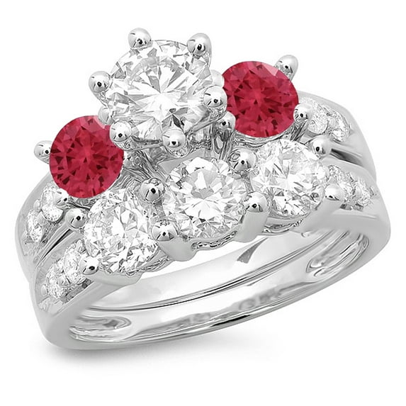 Dazzlingrock Collection 14K Ruby & White Diamond Bridal 3 Stone Engagement Ring Band Set, White Gold, Size 5