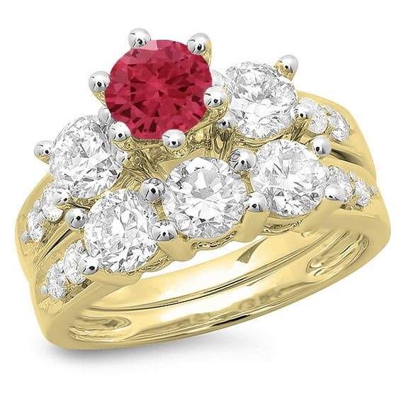 Dazzlingrock Collection 14K Ruby & White Diamond Bridal 3 Stone Engagement Ring Band Set, Yellow Gold, Size 8