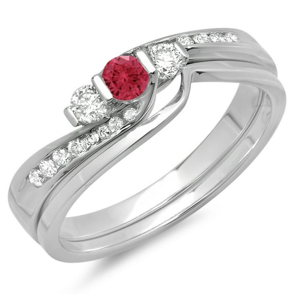 Dazzlingrock Collection 14K Ruby & White Diamond Bridal 3 Stone Engagement Ring Set, White Gold, Size 4.5