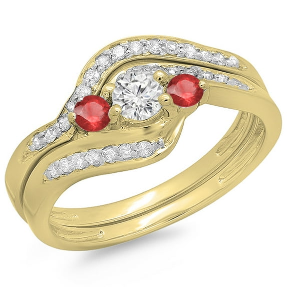 Dazzlingrock Collection 14K Ruby & White Diamond Ladies Swirl Style Bridal 3 Stone Engagement Ring Set, Yellow Gold, Size 6
