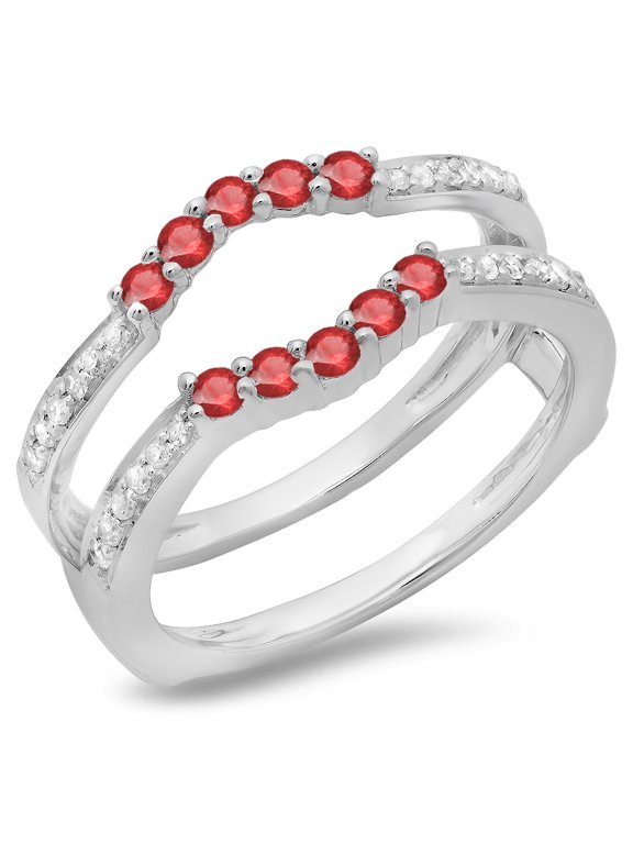 Collection 14K Ruby & White Diamond Ladies Wedding Band 5 Stone Enhancer Guard Double Ring, White Gold, Size 4