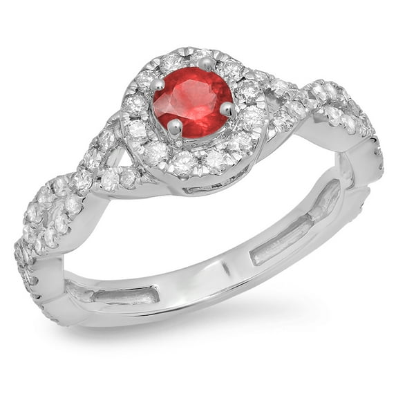 Dazzlingrock Collection 14K Ruby & White Diamond Swirl Split Shank Bridal Halo Engagement Ring, White Gold, Size 6.5