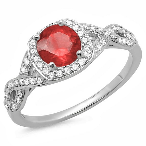 Dazzlingrock Collection 14K Ruby & White Diamond Swirl Split Shank Halo Engagement Ring, White Gold, Size 7.5