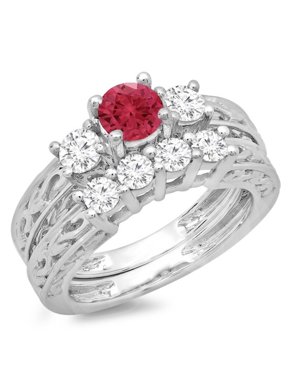 Collection 14K Ruby & White Diamond Vintage 3 Stone Bridal Engagement Ring Set, White Gold, Size 7