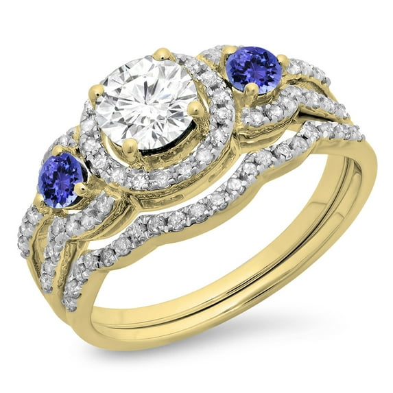 Dazzlingrock Collection 14K Tanzanite & White Diamond Ladies 3 Stone Halo Bridal Engagement Ring Set, Yellow Gold, Size 6