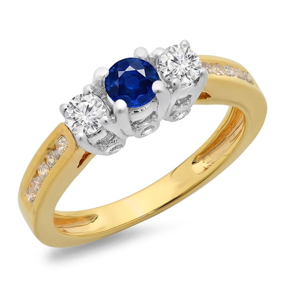 Dazzlingrock Collection 14K Two Tone Gold Round Blue Sapphire & White Diamond Ladies 3 Stone Bridal Engagement Ring, Size 7