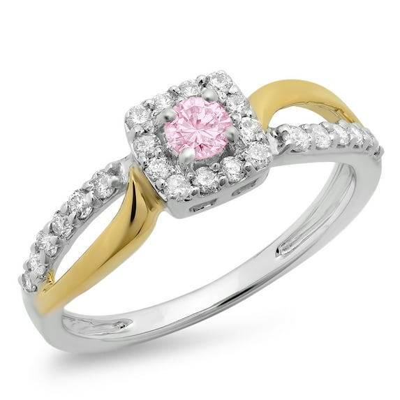 Dazzlingrock Collection 14K Two Tone Gold Round Pink Sapphire & White Diamond Split Shank Bridal Halo Engagement Ring, Size 8