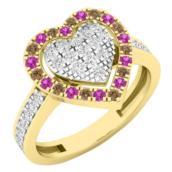 Dazzlingrock Collection 14K White & Champagne Diamond & Pink Sapphire Ladies Heart Bridal Engagement Ring, Yellow Gold, Size 5