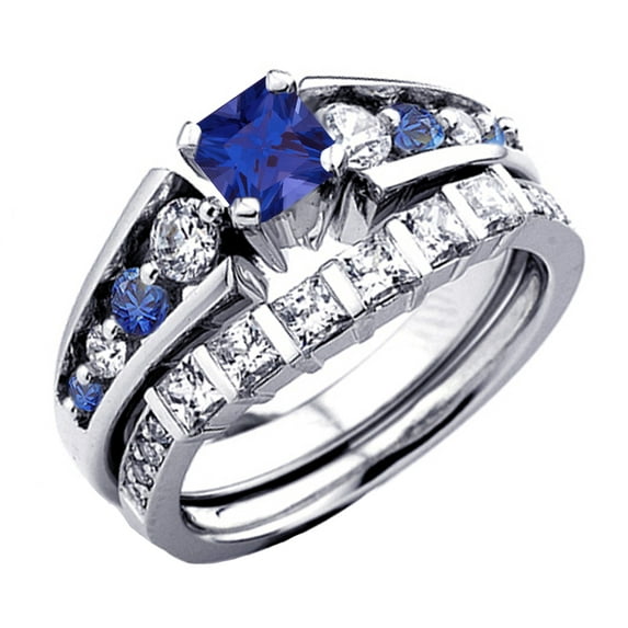 Dazzlingrock Collection 14K White Diamond And Blue Sapphire Ladies Bridal Engagement Ring Set, White Gold, Size 7.5