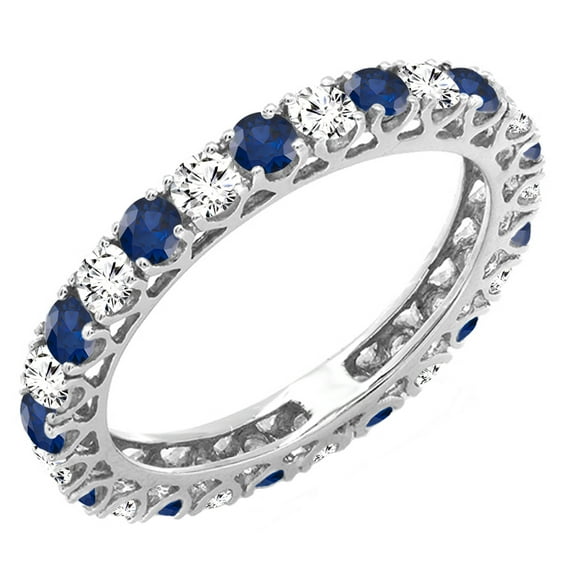 Dazzlingrock Collection 14K White Diamond & Blue Sapphire Eternity Wedding Anniversary Stackable Band, White Gold, Size 8.5
