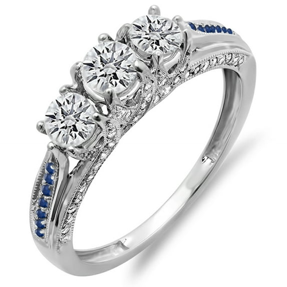 Dazzlingrock Collection 14K White Diamond & Blue Sapphire Ladies Vintage Bridal 3 Stone Engagement Ring, White Gold, Size 8.5