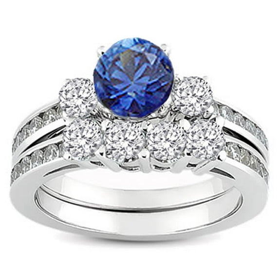 Dazzlingrock Collection 14k Blue Sapphire & White Diamond Ladies Bridal Engagement Ring Matching Band Set, White Gold, Size 7