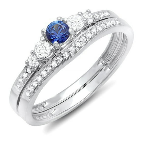 Dazzlingrock Collection 14k Round Blue Sapphire And White Diamond Ladies 5 Stone Bridal Engagement Ring Matching Band Set, White Gold, Size 8.5