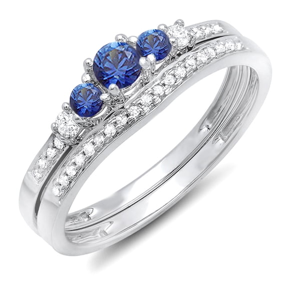 Dazzlingrock Collection 14k Round Blue Sapphire And White Diamond Ladies 5 Stone Bridal Engagement Ring Matching Band Set, White Gold, Size 8.5