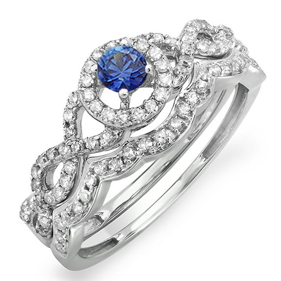 Dazzlingrock Collection 14k Round Blue Sapphire & White Diamond Halo Style Bridal Engagement Ring Band Set, White Gold, Size 8