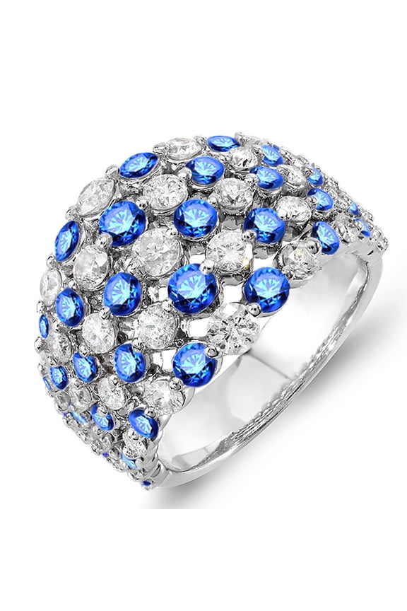 Collection 14k Round Blue Sapphire & White Diamond Ladies Cocktail Right Hand Ring, White Gold, Size 7