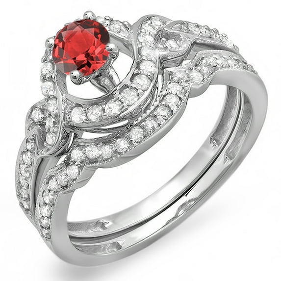 Dazzlingrock Collection 14k Round Ruby And White Diamond Ladies Swirl Bridal Halo Engagement Ring Band Set, White Gold, Size 9