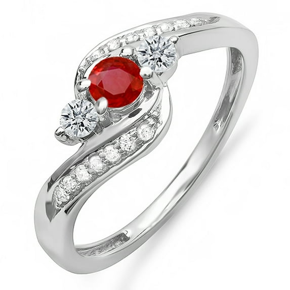 Dazzlingrock Collection 14k Round Ruby And White Diamond Ladies Swirl Engagement 3 Stone Bridal Ring, White Gold, Size 9