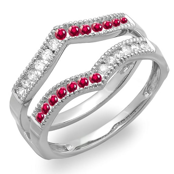 Dazzlingrock Collection 14k Round Ruby & White Diamond Ladies Millgrain Anniversary Band Guard Double Ring, White Gold, Size 6.5
