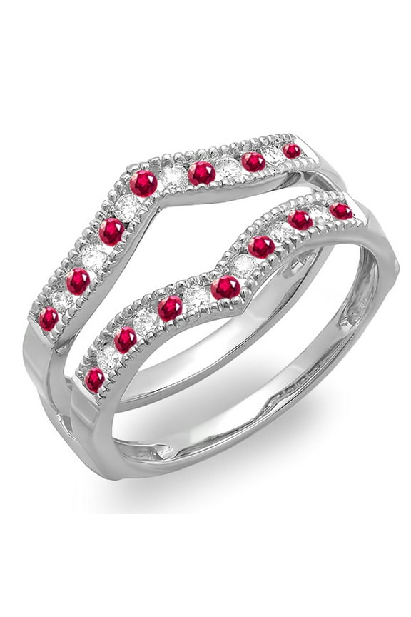 Collection 14k Round Ruby & White Diamond Ladies Millgrain Anniversary Band Guard Double Ring, White Gold, Size 7
