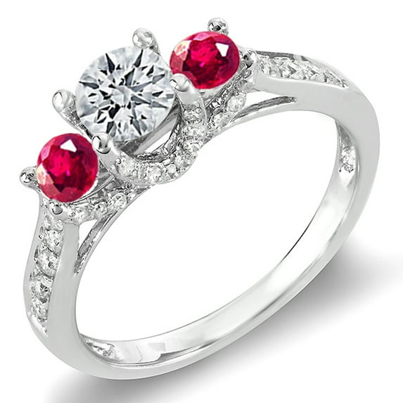 Dazzlingrock Collection 14k Round White Diamond And Ruby 3 Stone Ladies Bridal Engagement Ring, White Gold, Size 5