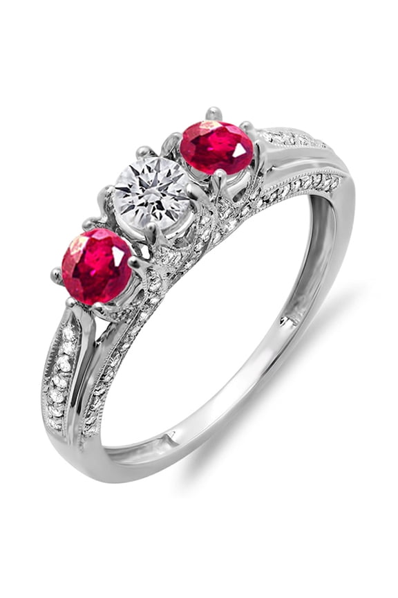 Collection 14k Round White Diamond And Ruby Ladies Vintage Bridal 3 Stone Engagement Ring, White Gold, Size 5.5