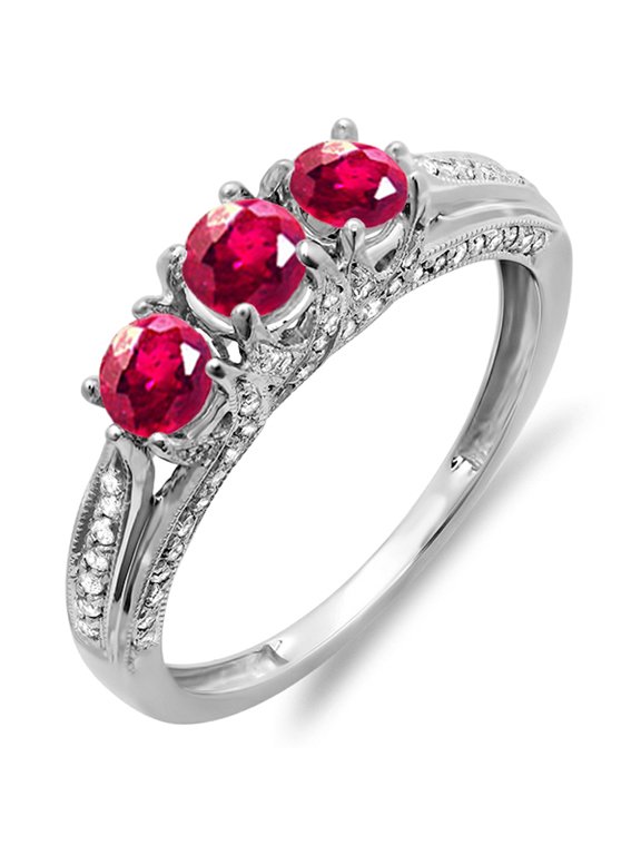 Collection 14k Round White Diamond And Ruby Ladies Vintage Bridal 3 Stone Engagement Ring, White Gold, Size 6.5