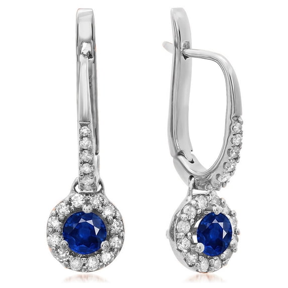Dazzlingrock Collection 18K 3 MM Each Round Blue Sapphire & White Diamond Ladies Halo Dangling Drop Earrings, White Gold