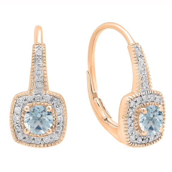 Dazzlingrock Collection 18K 4 MM Round Aquamarine & White Diamond Ladies Halo Style Dangling Earrings, Rose Gold