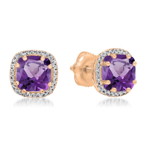Dazzlingrock Collection 18K 6 MM Cushion Amethyst & Round White Diamond Ladies Halo Style Stud Earrings, Rose Gold