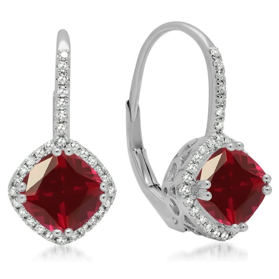Dazzlingrock Collection 18K 6 MM Each Cushion Ruby & Round Diamond Ladies Halo Style Hoop Earrings, White Gold