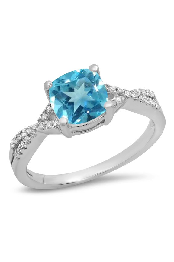 Collection 18K 7 MM Cushion Blue Topaz & Round Diamond Ladies Swirl Engagement Ring, White Gold, Size 7