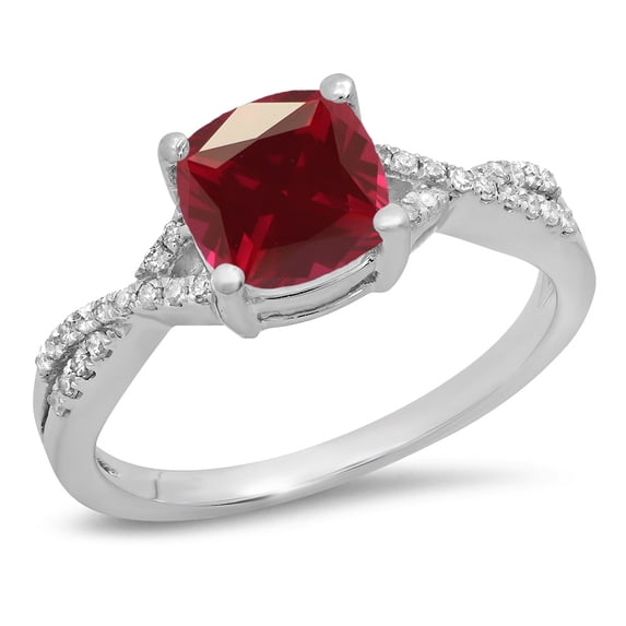 Dazzlingrock Collection 18K 7 MM Cushion Ruby & Round Diamond Ladies Swirl Engagement Ring, White Gold, Size 7