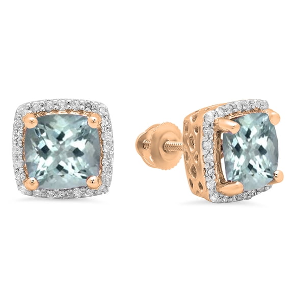 Dazzlingrock Collection 18K 7 MM Each Cushion Aquamarine & Round Diamond Ladies Square Frame Halo Stud Earrings, Rose Gold