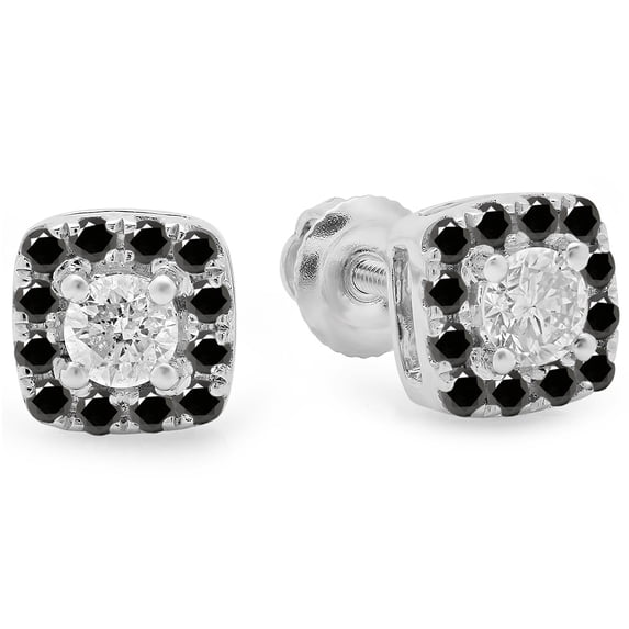 Dazzlingrock Collection 18K Black Diamond & White Diamond Ladies Square Halo Stud Earrings, White Gold