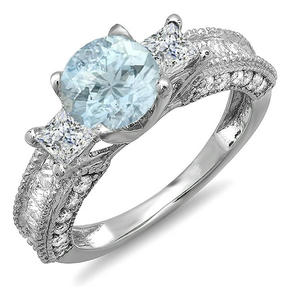 Dazzlingrock Collection 18K Blue Aquamarine & White Diamond 3 Stone Engagement Ring, White Gold, Size 6.5