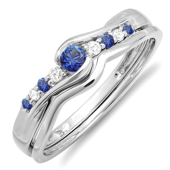 Dazzlingrock Collection 18K Blue Sapphire And White Diamond Ladies Bridal Engagement Wedding Ring Band Set, White Gold, Size 6