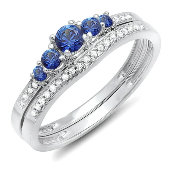 Dazzlingrock Collection 18K Blue Sapphire & White Diamond Ladies 5 Stone Bridal Engagement Ring Set, White Gold, Size 7.5