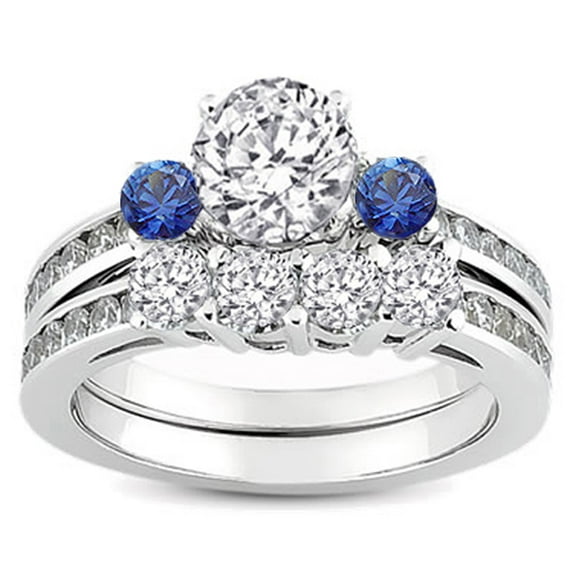 Dazzlingrock Collection 18K Blue Sapphire & White Diamond Ladies Bridal Engagement Ring Matching Band Set, White Gold, Size 6